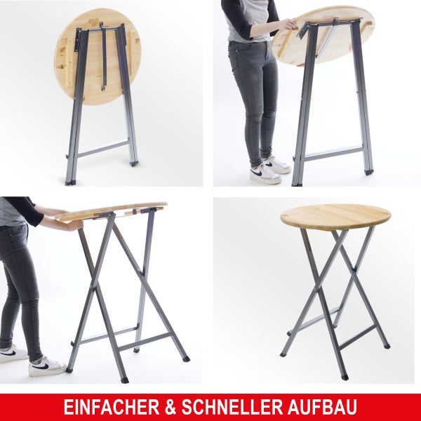 Montage eines runden Stehtischs mit klappbarem Metallgestell und Holzplatte in vier Schritten.