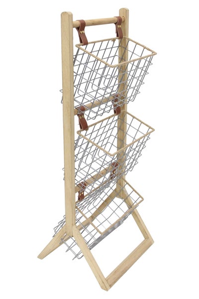 FRANK FLECHTWAREN | Drahtkorb-Regal My Storage, METALL, HOLZ, POLYURETHAN, JUTE, 35 x 91 x 32 cm, Korb 30 x 14 x 20 cm