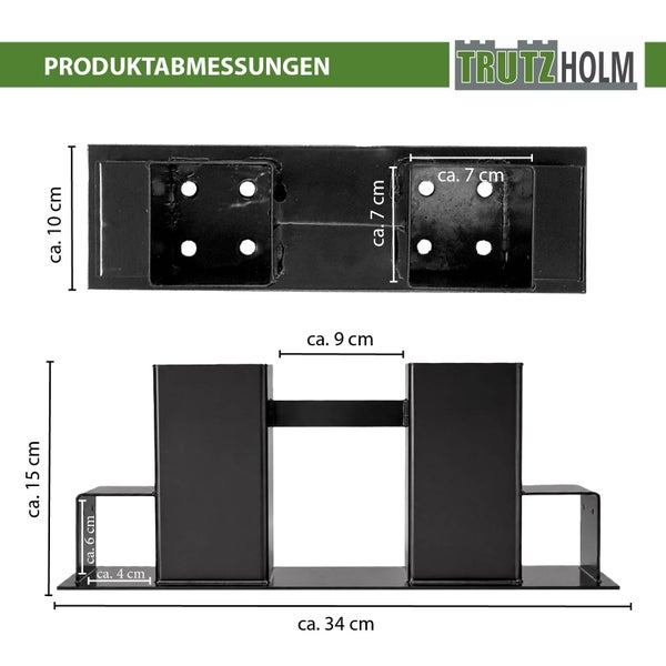 Maßzeichnung eines Trutzholm Pfostenträgers mit technischen Abmessungen für die Montage.