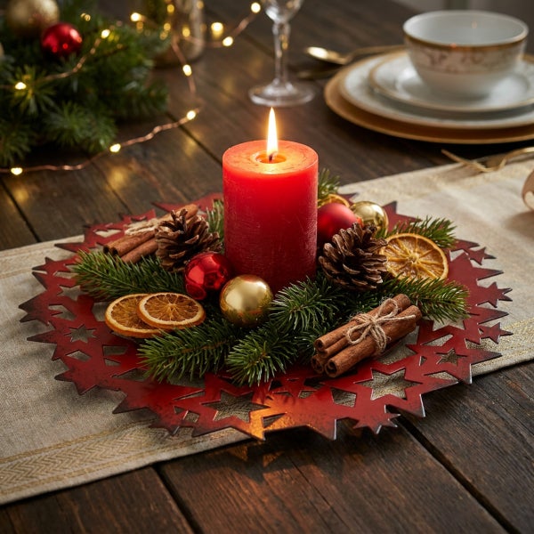 Festliches Weihnachtsgesteck mit brennender Stumpenkerze auf einem sternförmigen Metallteller dekoriert mit Tannenzweigen, Zimt und Weihnachtskugeln.