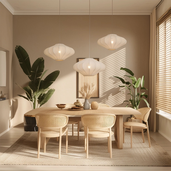 Helles Esszimmer mit Holztisch, Rattanstühlen und drei Pendelleuchten. Große Zimmerpflanzen und ein Teppich schaffen eine natürliche Atmosphäre.