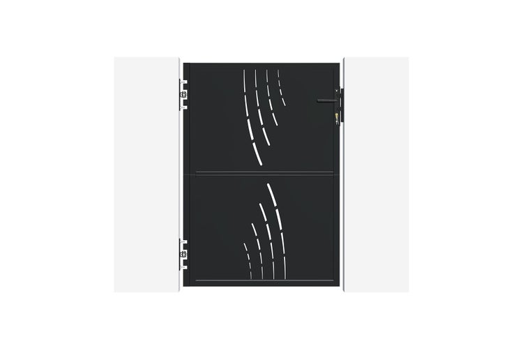 Modernes Gartentor aus Aluminium in Anthrazit mit dekorativem Linienmuster, inklusive Drückergarnitur und Schloss.
