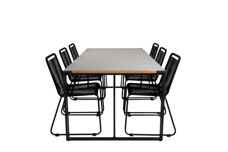 Texas Gartenset Tisch 100x200cm und 6 Stühle stabelS Lindos schwarz, natur, grau. 100 X 200 X 73 cm