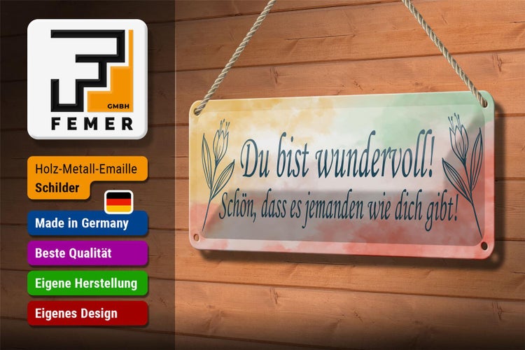 Blechschild Spruch 27x10cm du bist wundervoll schön das es Dekoration