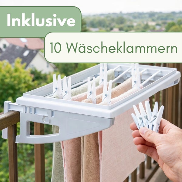 Balkonwäschetrockner inklusive 10 Wäscheklammern, montiert an einem Balkongeländer mit hängenden Handtüchern.
