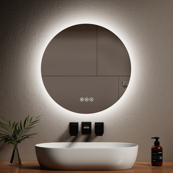 EMKE Badspiegel mit Beleuchtung ф60cm, rund, Touchschalter, Anti-Beschlag, 3 dimmbare Lichtfarben, 4mm rostfreier Spiegel, mit separatem Funktionsschalter, Für Ihr Badezimmer