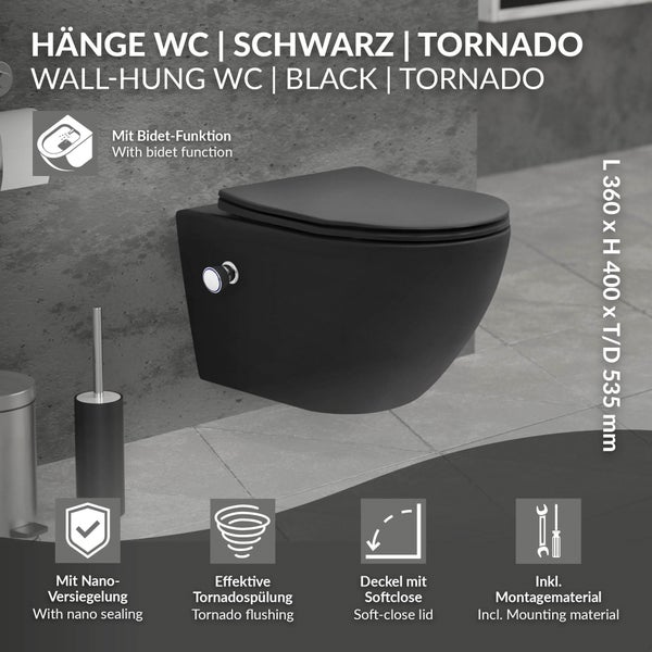 LuxeBath Wand WC Spülrandlos mit Bidet-Funktion, Schwarz matt, lang 53,5 cm, Tiefspüler Keramik Hänge WC, Dusch WC Nano Beschichtung, Tornadospülung, Kloschüssel Hängend mit WC-Sitz Absenkautomatik