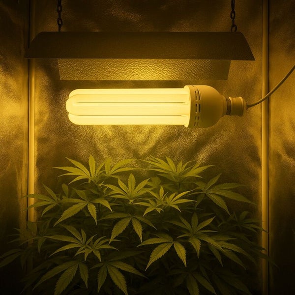 Hell beleuchtete Growbox mit einer horizontalen Pflanzenlampe, einem Reflektor und Pflanzen.