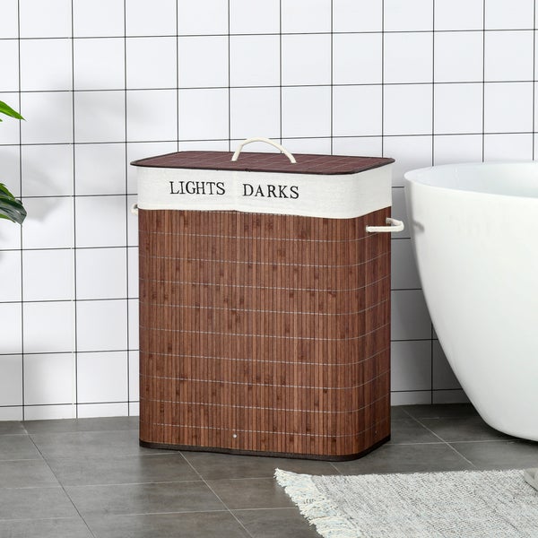 HOMCOM Bambus Wäschekorb schmal mit Deckel 100L Wäschesammler mit Griffen, 2 herausnehmbarer Wäschesack, Laundry Baskets Wäschebox für Waschküche, Schlafzimmer, Badezimmer Braun