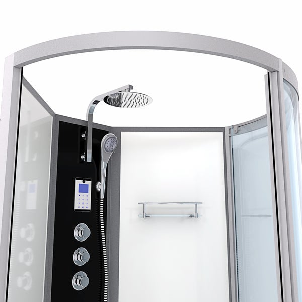 Innenansicht einer modernen Duschkabine mit Regendusche, Handbrause, digitalem Display und Massagedüsen.