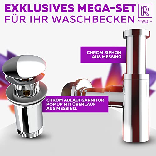 Ablaufgarnitur Waschbecken POP UP mit Überlauf + Design Siphon Waschbecken Extra Starke 304er Edelstahl Wände mit 750g - Geruchsverschluss inkl. Dichtungen