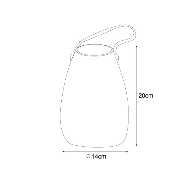 Technische Zeichnung einer tragbaren Leuchte mit einer Höhe von 20 Zentimetern und einem Durchmesser von 14 Zentimetern.