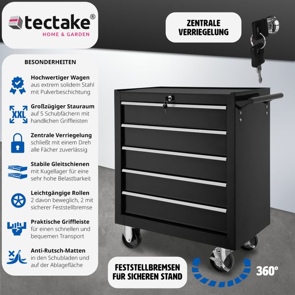 Werkzeugwagen tectake  Rollen Ø 100 mm 5 kugelgelagerte Schubladen mit Antirutschmatten schwarz