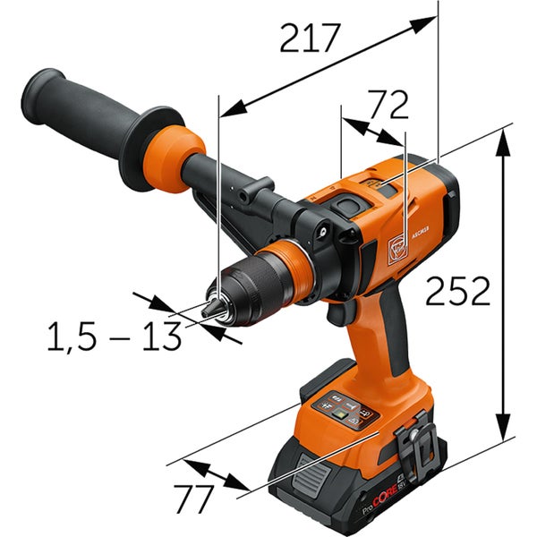 Abbildung eines Akku-Bohrschraubers mit Maßangaben