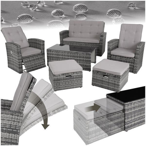 Rattan Lounge tectake Bari mit Sicherheitsglasplatte und Schraubfüßen mit Aluminiumgestell grau
