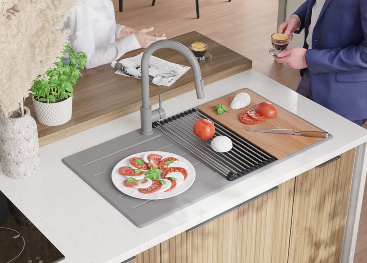 PRIMAGRAN Spülbecken Grau 90x50cm, Granitspüle 1 Becken + Ablauf-Set + Schneidebrett, Küchenspüle ab 60er Unterschrank - Kopenhagen
