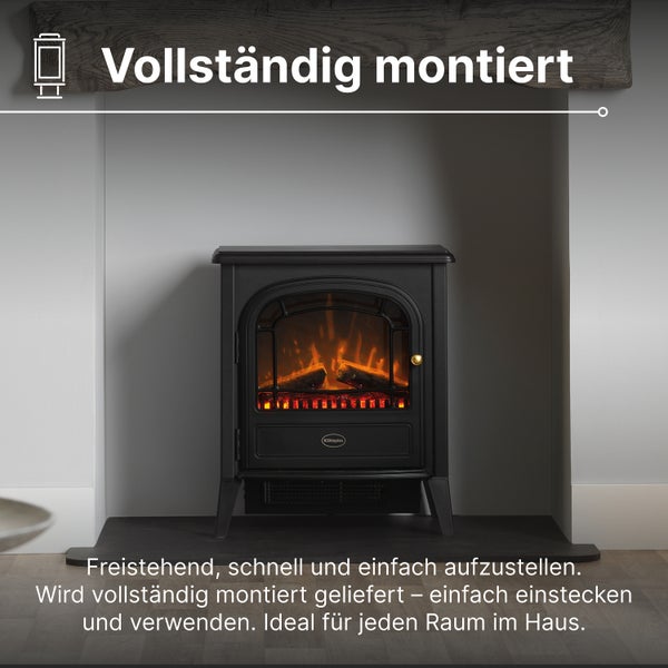 Freistehender schwarzer Elektrokamin mit realistischem Flammeneffekt und Holzscheiten, fertig montiert in einer modernen Kaminumgebung platziert.