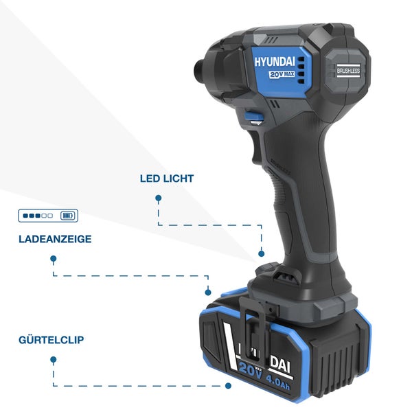 Hyundai Akku Schlagschrauber mit 20 Volt bürstenlosem Motor, LED Arbeitslicht, Ladeanzeige und Gürtelclip.
