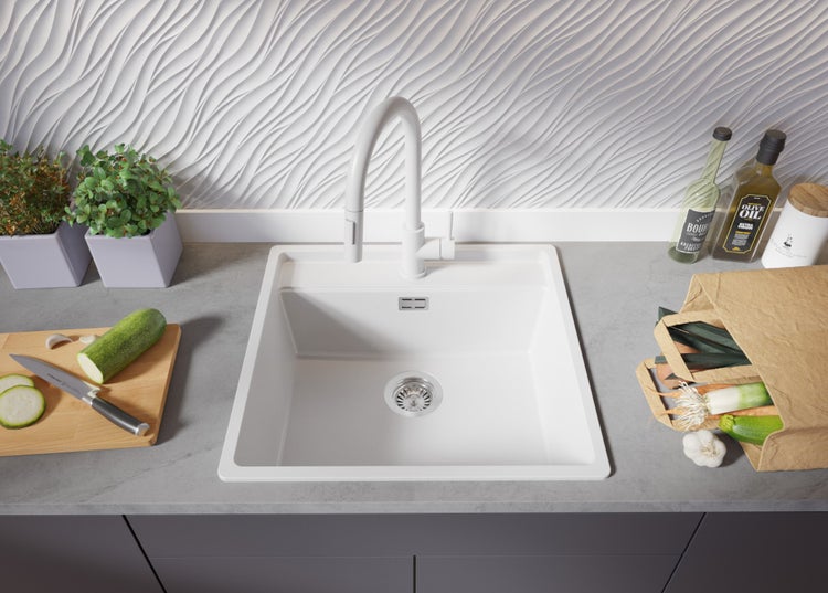 PRIMAGRAN Eckspüle Alles Weiß 56x53cm, Granitspüle 1 Becken + Ablauf-Set + Schneidebrett, Küchenspüle ab 60er Unterschrank - Bergen