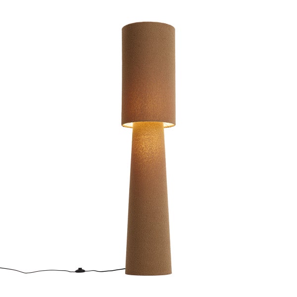 Moderne Stehleuchte mit zylindrischem Lampenschirm und konischem Standfuß aus strukturiertem Material