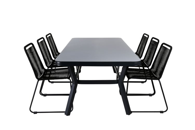 Virya Gartenset Tisch 100x200cm und 6 Stühle stabel Lindos schwarz, grau. 100 X 200 X 74 cm