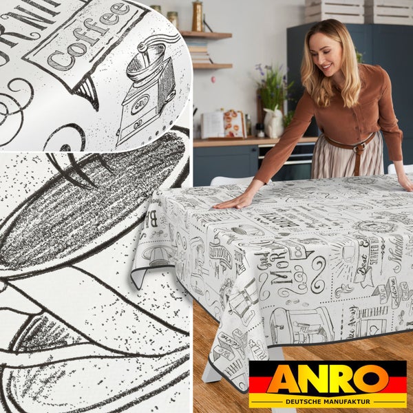 Frau deckt Tisch mit ANRO Tischdecke mit Kaffeemuster
