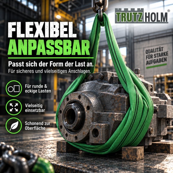Ein Hebeband von Trutz Holm hebt ein schweres Maschinenteil in einer Werkshalle. Das Hebeband passt sich flexibel der Last an.