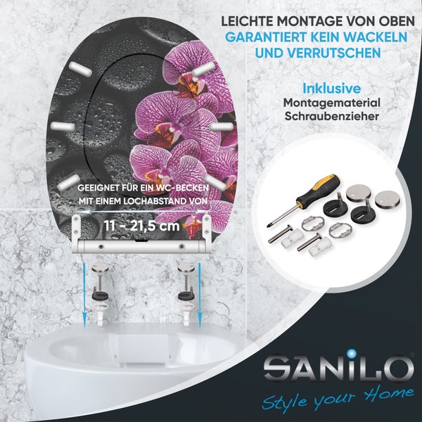 Sanilo WC-Sitz mit Orchideen-Motiv, inklusive Montagematerial und Schraubendreher. Verstellbarer Lochabstand von 11 bis 21,5 Zentimeter.