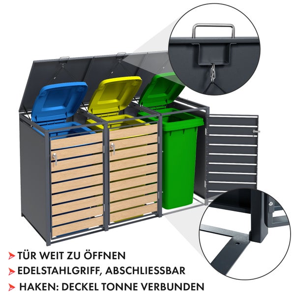 FLOORDIREKT Mülltonnenbox Johan Edelstahlrahmen und Holzdekor 198,5 x 80 x 116 cm - 3 Türen