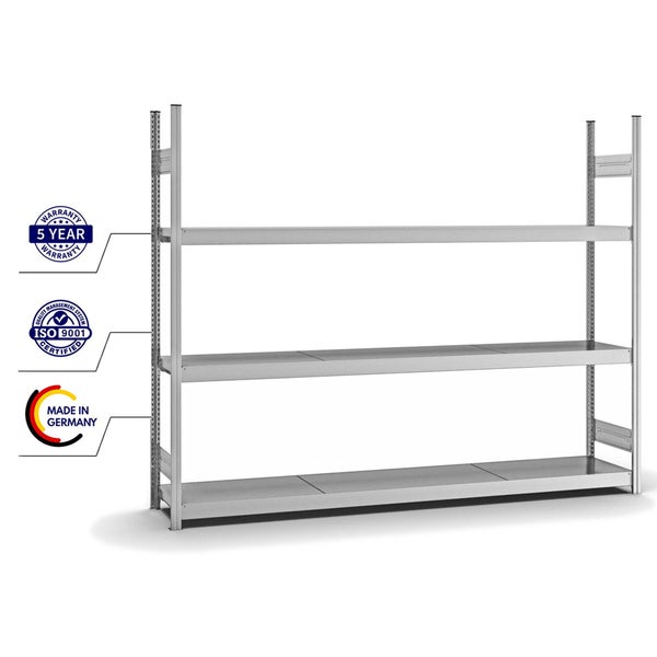 PROREGAL Weitspannregal Stecksystem T-Profil Grundregal HxBxT 200x250x40 cm 3 Ebenen Stahlplatten Fachboden Fachlast 350 kg Verzinkt