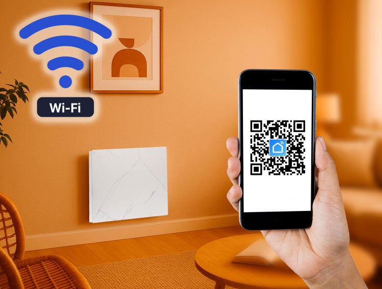 Szene eines Wohnzimmers mit einem an der Wand montierten Heizkörper, der mit einem Smartphone über WLAN verbunden ist.