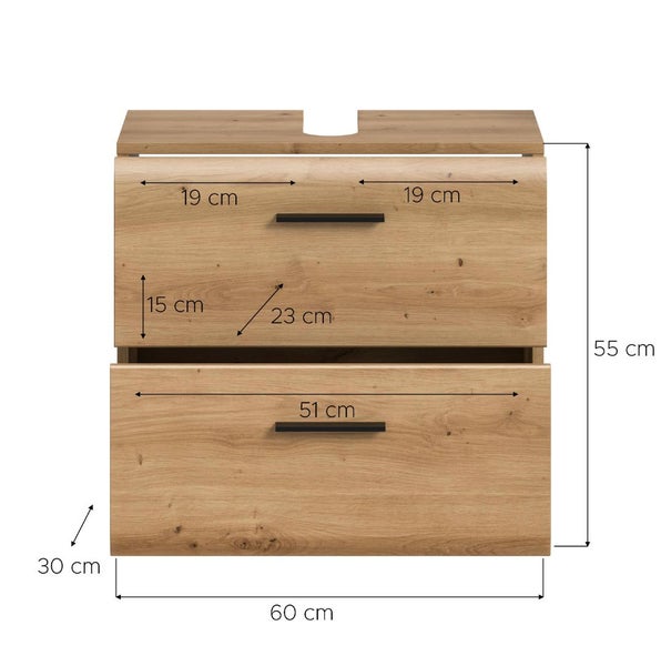 Waschbeckenunterschrank in Eichenoptik, zwei Schubladen, schwarze Griffe, Maße: Breite 60 Zentimeter, Höhe 55 Zentimeter, Tiefe 30 Zentimeter.