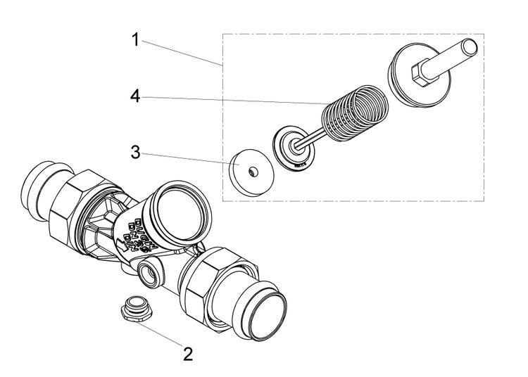Explosionszeichnung einer Armatur Nennweite 25 mit nummerierten Ersatzteilen wie Feder, Dichtung und Verschlussstopfen.