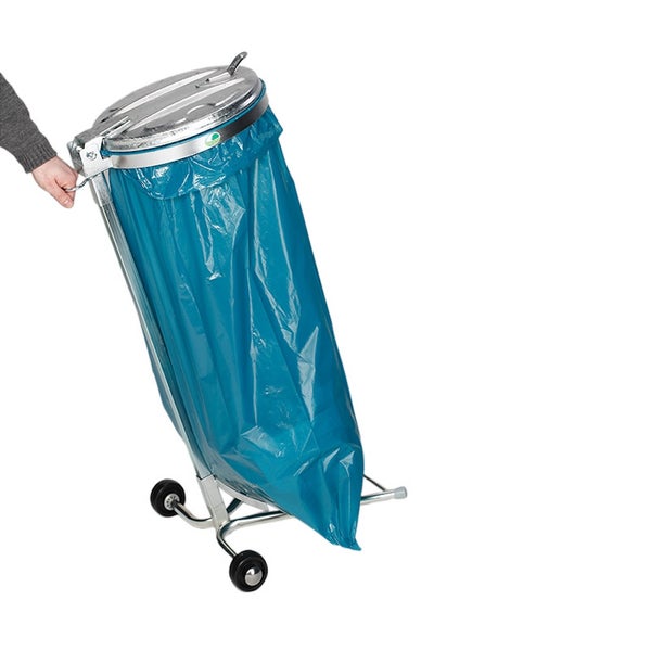 Mobiler Müllsackständer aus Metall mit Rollen, Metalldeckel und einem großen blauen Müllsack.