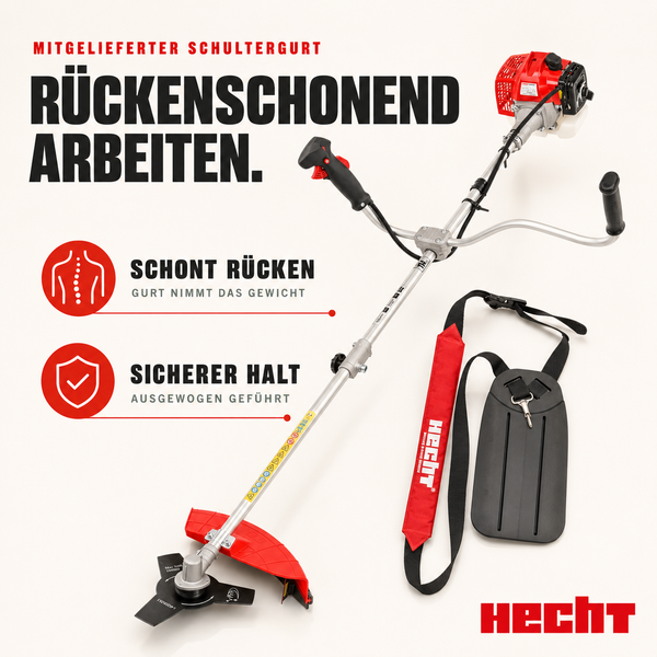 Hecht Benzin-Freischneider mit gepolstertem Schultergurt für rückenschonendes Arbeiten und sicheren Halt. Hecht Logo.
