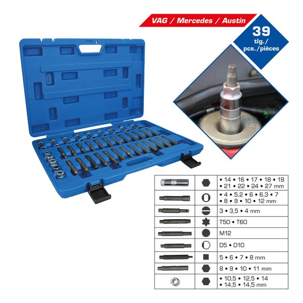 39-teiliges Werkzeugset für VAG, Mercedes und Austin im blauen Koffer