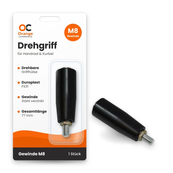 Drehgriff aus Duroplast mit M8 Gewinde aus verzinktem Stahl 77 mm Gesamtlänge in Blisterverpackung Orange Commerce Logo
