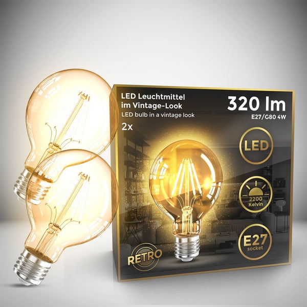 LED Glühbirne E27 2er Set - 4W, 360lm, G80, Edison, 2200K, bernstein