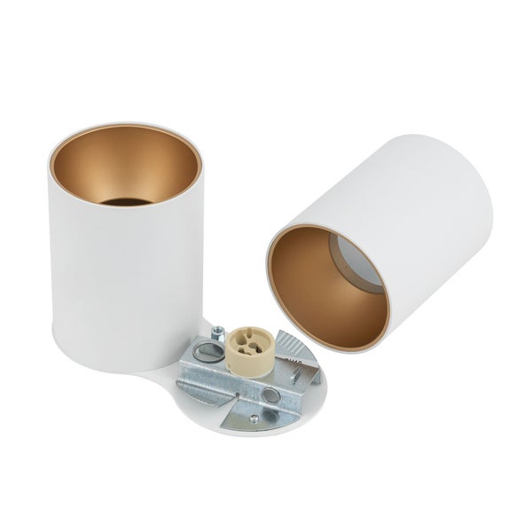 Moderner zylindrischer Doppelstrahler in Weiß mit goldener Innenseite, GU10-Fassung und Montagesockel.