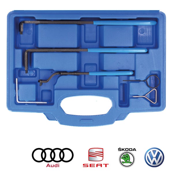 Einstellwerkzeugsatz für Motoren in einem blauen Werkzeugkasten