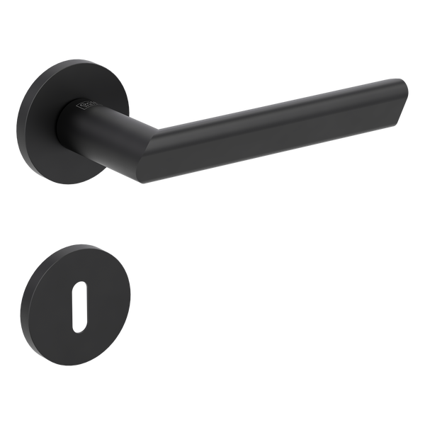 Türdrücker-Garnitur aus Metall in Schwarz matt mit runden Rosetten für Zimmertüren, Griffwerk Logo.