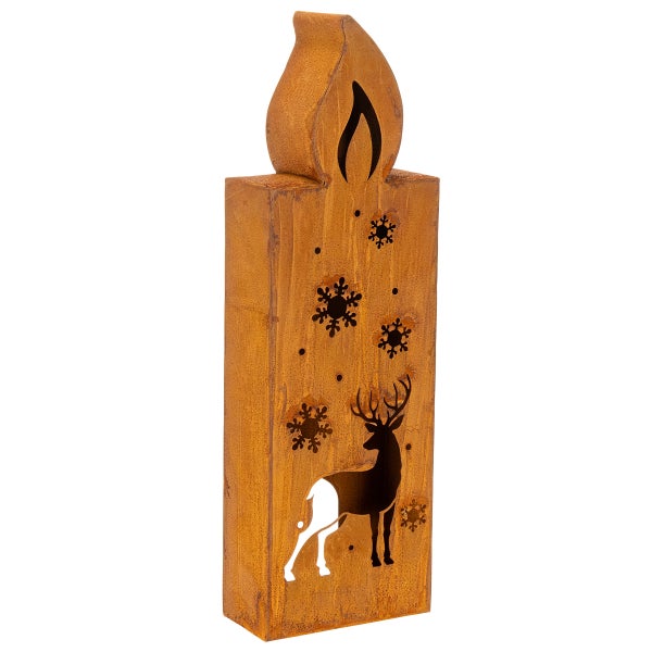 Dekorative Kerze aus Metall in Edelrost-Optik mit Hirsch- und Schneeflocken-Motiv.