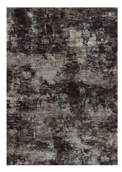 Rechteckiger Teppich mit einem im Vintage-Stil gehaltenen Landschaftsmuster, das Bäume und Gebäude zeigt.