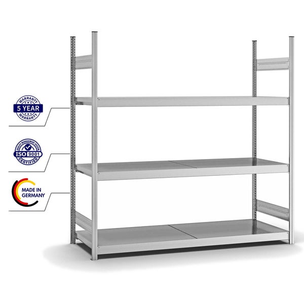 PROREGAL Weitspannregal Stecksystem T-Profil Grundregal HxBxT 200x200x60 cm 3 Ebenen Stahlplatten Fachboden Fachlast 350 kg Verzinkt