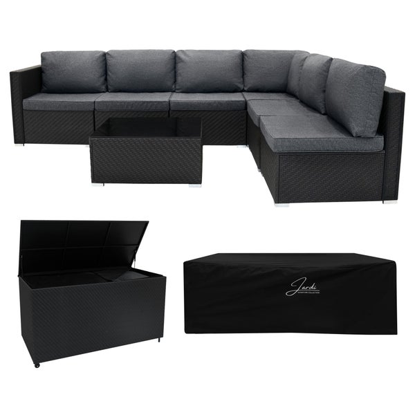 Serafina Rattan Modulares 7-teiliges Möbelset mit Aufbewahrungsbox 700L - Schwarz