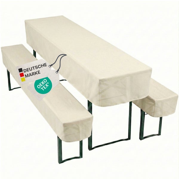 Bierzeltgarnitur bestehend aus einem Tisch und zwei Bänken mit weißen Hussen der Marke Nyvi Gala, Tischhusse 220 mal 70 Zentimeter, Bierbankhussen 220 mal 25 Zentimeter, Deutscher Händler