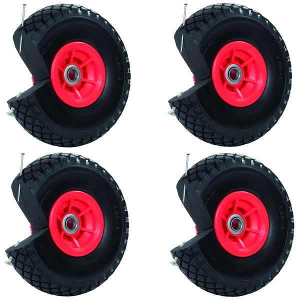 Set aus vier pannensicheren Rädern für Sackkarren, Polyurethan-Füllung im Querschnitt sichtbar mit Nagel in der Lauffläche.