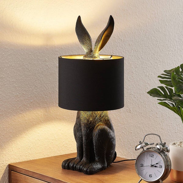 Lindby Tischlampe Hase Textil schwarz gold, Nachttischlampe Meister Lampe Tischleuchte ohne Leuchtmittel Schlafzimmerlampe Nachttischleuchte