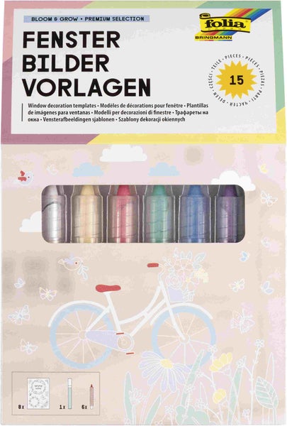 Folia  Fensterbilder Vorlagen BLOOM & GROW - Premium, 8x Vorlagen,1x Kreidemarker, 6x Kreidestift