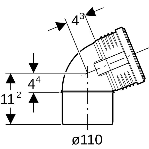 Technische Zeichnung eines Rohrbogens mit Durchmesser 110 und den Maßangaben 11 2, 4 4 sowie 4 3.